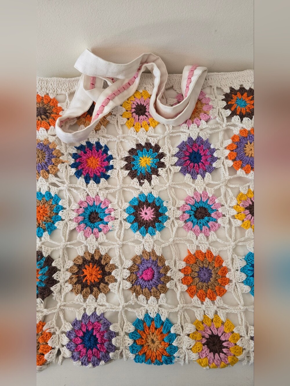 Boho Crochet Granny Square Tote Bag Colorful Floral Shoulder Bag - Picture 8 of 8